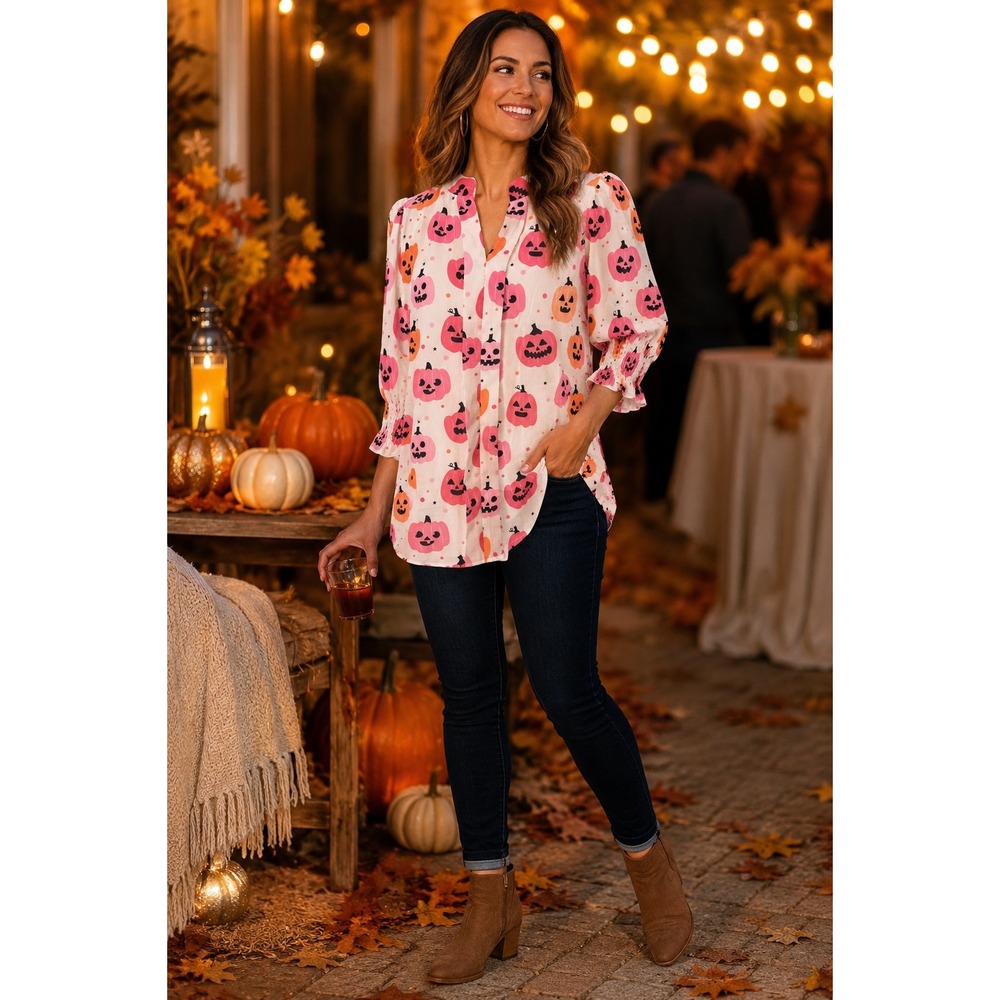 Roshop Halloween Pumpkin Print Blouse Pink Orange Jack-O-Lantern Top Smocked
